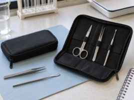 Deux trousses de tailles différentes et des instruments de dissection disposés sur une paillasse.