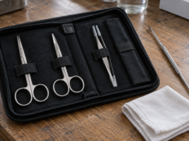 Instruments de dissection rangés séparément dans une trousse, avec sonde et chiffon sec.