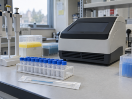 Tubes d’échantillons fermés, écouvillon emballé et équipement PCR dans un laboratoire de virologie.