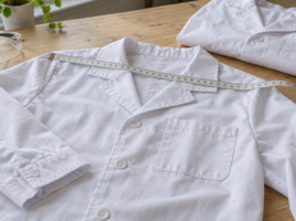 Blouse blanche avec un mètre ruban, montrant le col, la poche et le tissu.