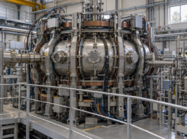 Illustration réaliste d’un tokamak expérimental avec bobines, conduites et instruments de mesure.