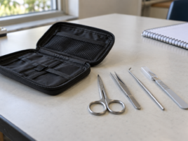Petite trousse noire et sélection de ciseaux, pince, sonde et scalpel protégé.
