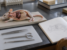 Modèle anatomique pédagogique de souris, carnet de dessin et instruments de dissection.