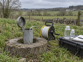 Piézomètre, sonde sur enrouleur et flacons d’eau dans un paysage rural.
