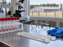 Tubes fermés, écouvillons emballés, lunettes et gants sur une paillasse de laboratoire vétérinaire.