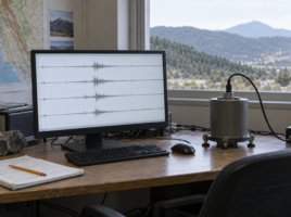 Sismomètre et écran affichant plusieurs tracés d’ondes sismiques dans un bureau de surveillance.