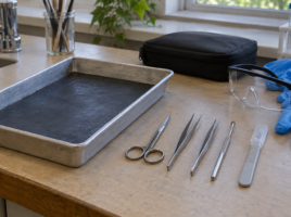 Cuvette vide, instruments fins, lunettes et gants préparés pour un TP de dissection.
