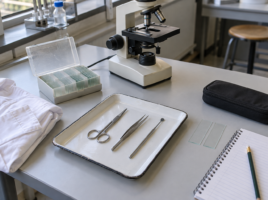 Poste de TP avec microscope, lames, instruments de dissection, blouse et carnet.