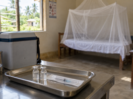Matériel de vaccination sur un plateau et moustiquaire dans une salle de soins.
