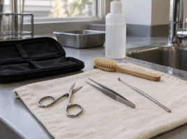 Ciseaux, pince et sonde séchant sur un linge propre près d’une trousse ouverte.