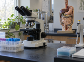 Microscope, tubes d’échantillons et modèle pédagogique du système digestif dans un laboratoire.