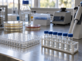 Plaque multipuits, flacons et micropipette sur une paillasse de laboratoire de recherche.