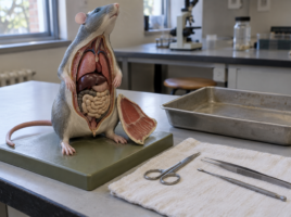 Modèle anatomique pédagogique de rat avec ciseaux, pince et sonde sur une paillasse.