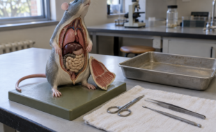 Modèle anatomique pédagogique de rat avec ciseaux, pince et sonde sur une paillasse.