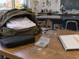 Sac contenant une blouse blanche, avec trousse, lunettes, lames et carnet pour la rentrée en biologie.
