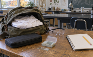 Sac contenant une blouse blanche, avec trousse, lunettes, lames et carnet pour la rentrée en biologie.