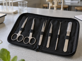 Trousse ouverte contenant des ciseaux, des pinces, une sonde et un scalpel protégé.