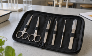 Trousse ouverte contenant des ciseaux, des pinces, une sonde et un scalpel protégé.