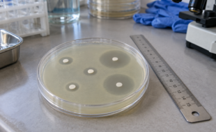 Boîte de Petri contenant des disques d’antibiotiques et des zones d’inhibition, à côté d’une règle.