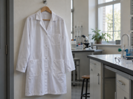 Blouse blanche à manches longues suspendue dans une salle de travaux pratiques.