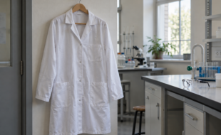 Blouse blanche à manches longues suspendue dans une salle de travaux pratiques.