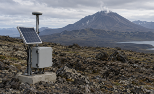 Station de surveillance équipée d’une antenne et d’un panneau solaire sur un terrain volcanique.
