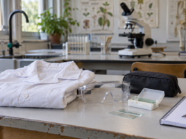 Blouse blanche, lunettes de protection, trousse et lames de microscope sur une paillasse de SVT.
