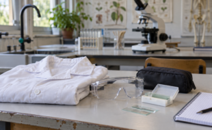 Blouse blanche, lunettes de protection, trousse et lames de microscope sur une paillasse de SVT.